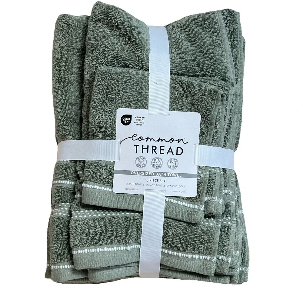 Common Thread Cotton Towel Set Green Bath Hand Wash 6 Piece Set White Stripe New